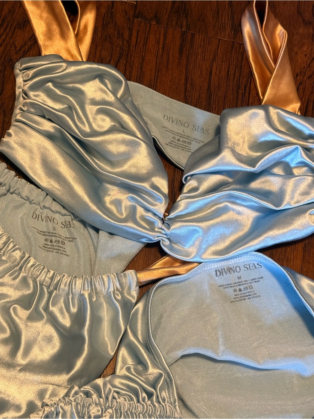 Ruched Light Blue Bikini Set with Beige Straps - Picture 10 of 10